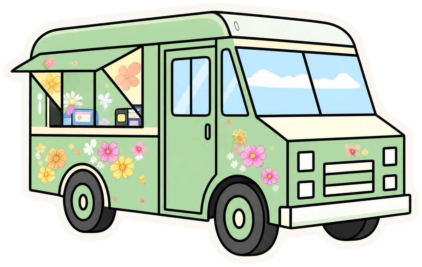 The Coffee Truck Girl's mint-green coffee truck, painted with flowers and open for orders