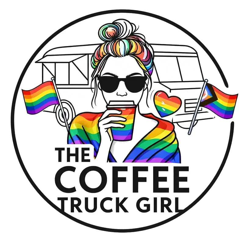 The Coffee Truck Girl Pride logo with rainbow hair and flags