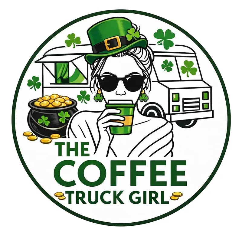 The Coffee Truck Girl St. Patrick's Day logo with a leprechaun hat and shamrocks